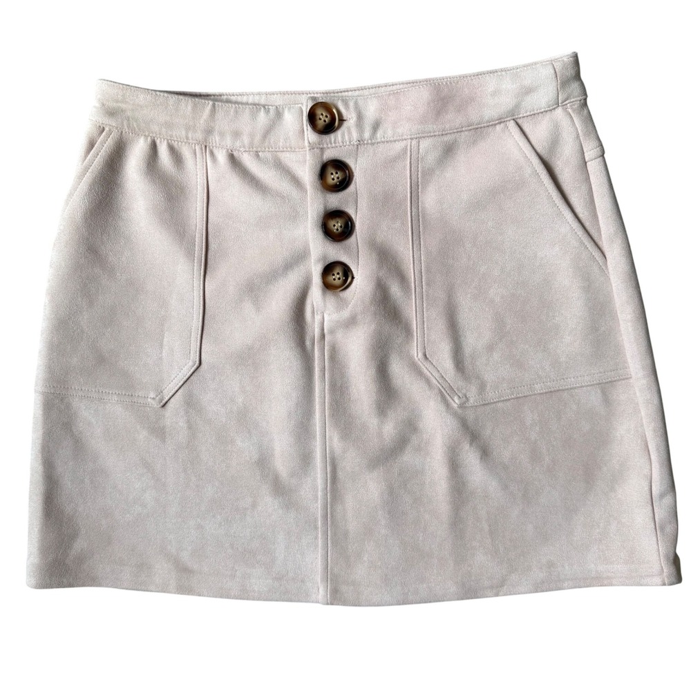 HYFVE Beige Mini Skirt Faux Suede A-Line Button Front Pockets Women's Size L